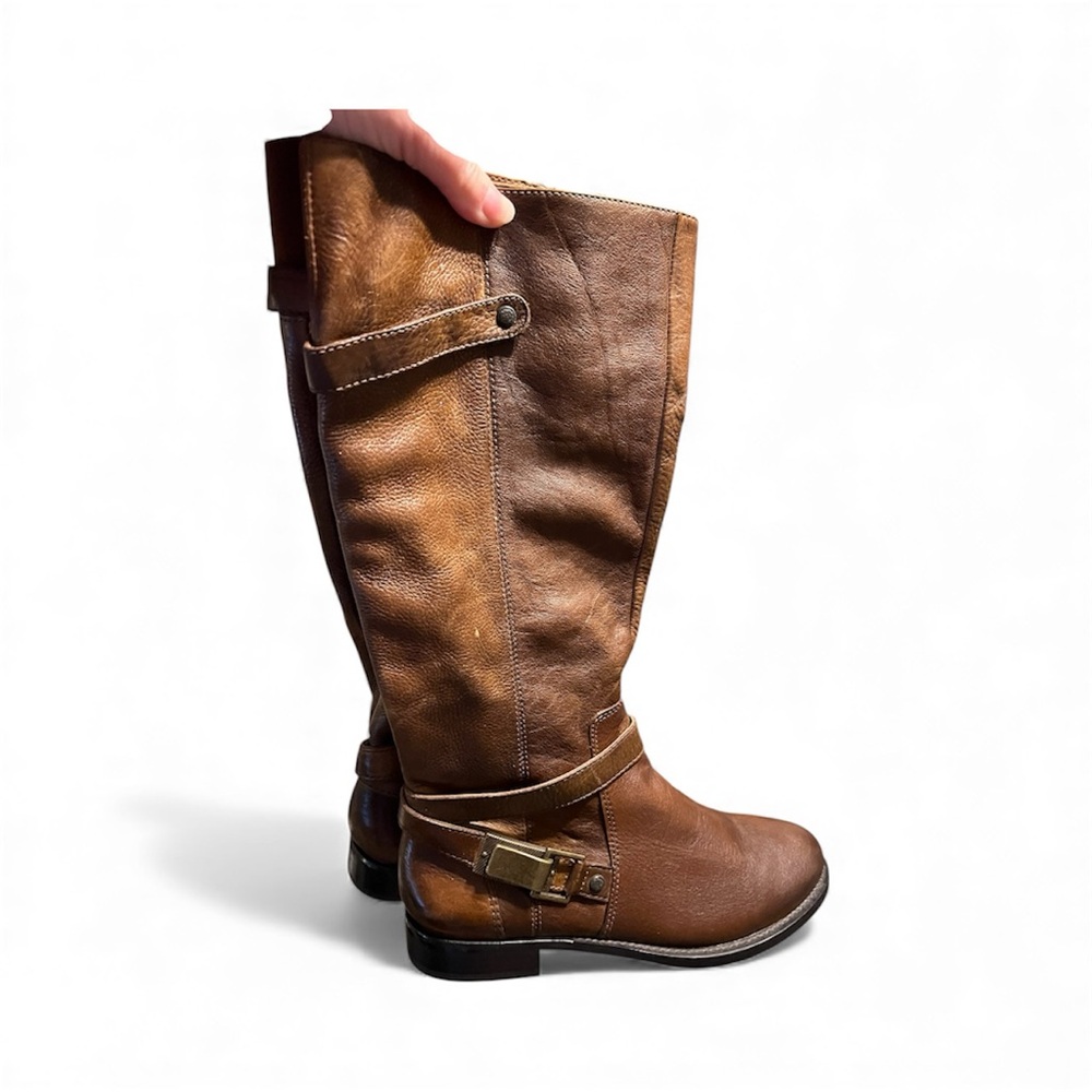 Women's Tall Brown Leather Buckle Riding Boots
